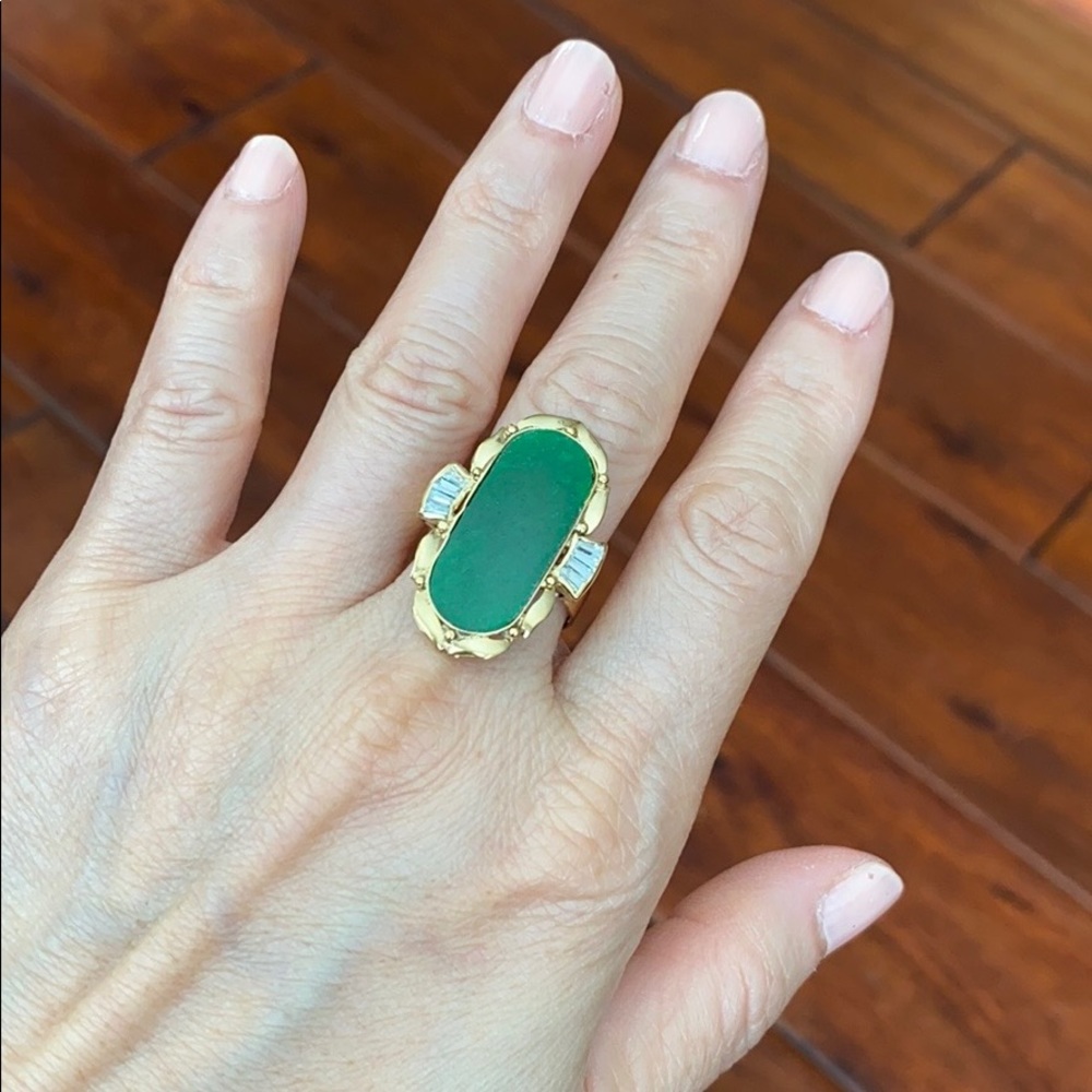 14K Solid Real Gold Statement Jade Women Ring 7.5